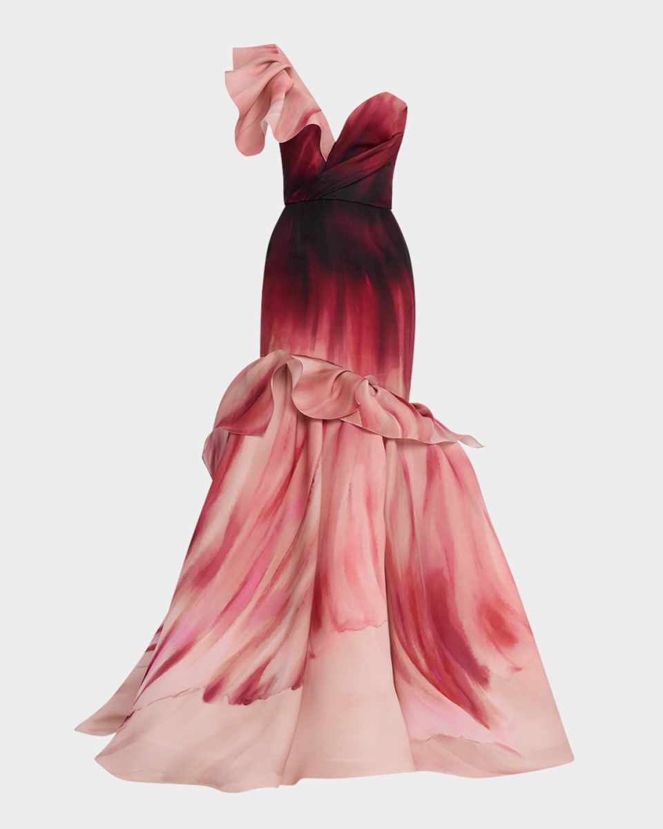 Hand-Painted Floral One-Shoulder Mermaid Gown